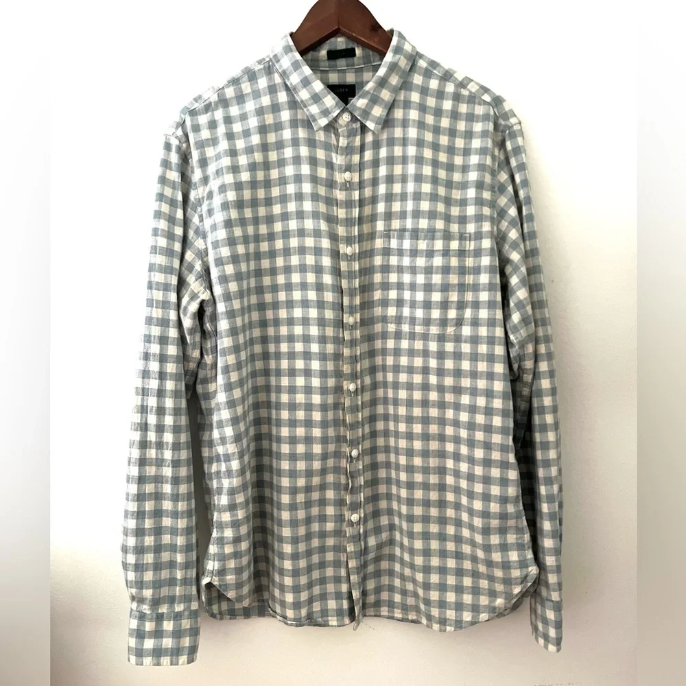 J Crew Button Down Shirt Blue Gingham 100% Cotton Slim Fit Shirt Large